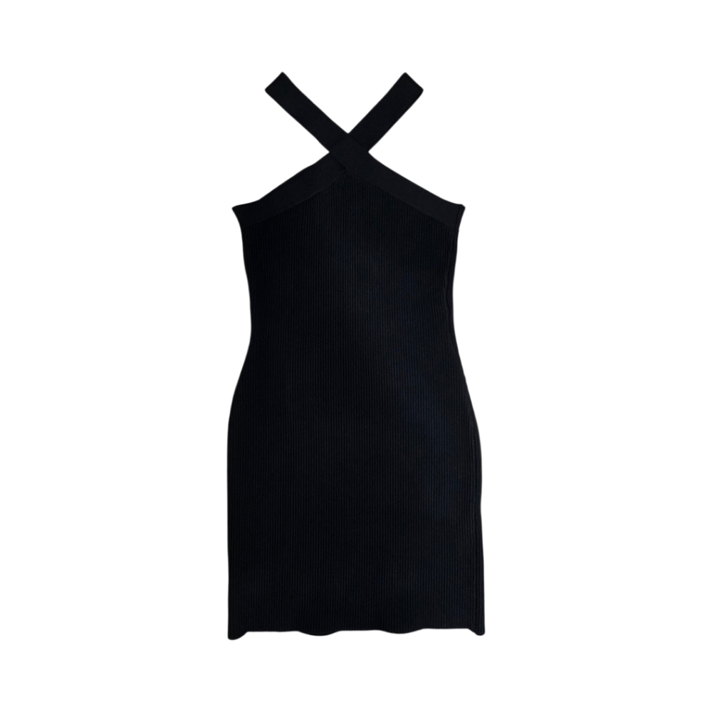 House Of Harlow 1960 Black Mini Ribbed Dress Criss Cross Neck Size Medium - Picture 4 of 9